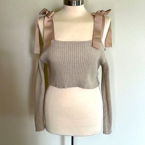 PrettyLittleThing Beige Crop Top with Shoulder Bows (Size 8)